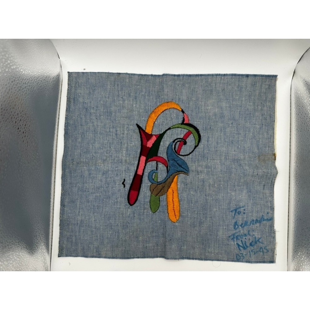 Vintage 1995 Hand Embroidered Abstract Textile Art Blue Linen Fabric Patch 14x12